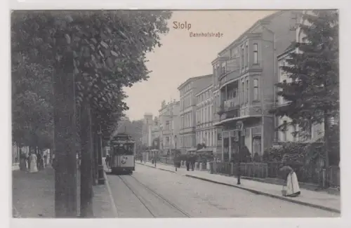 66783 Ak Stolp Słupsk in Pommern Bahnhofstraße mit Strassenbahn 1917