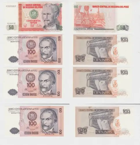 50, und 3 x 100 Intis Banknote Peru (1985-87) bankfrisch UNC (132441)