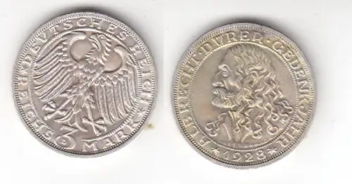 3 Mark Silber Münze Albrecht Dürer 1928 D Jäger 332 vz (171517)