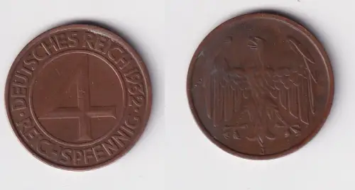 4 Pfennig Kupfer Münze Deutsches Reich 1932 J f.vz (171097)