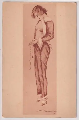 12260 Künstler Erotik AK "Der blaue Pyjama" Max Brüning, Dame zieht sich an