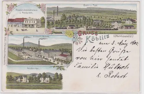 99413 Ak Lithographie Gruss aus Köblitz (Oberlausitz) Bahn, Post Weberei usw. 