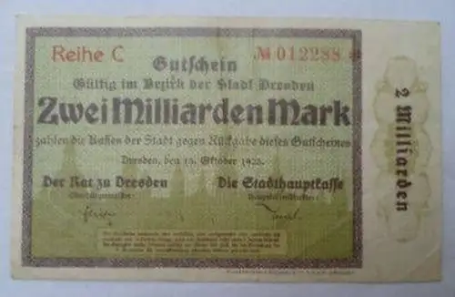 Banknote Inflation Stadt Dresden 2 Milliarden Mark 1923