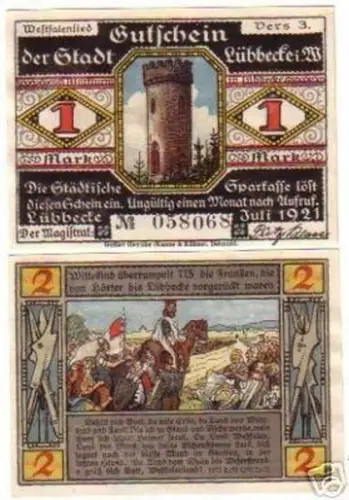 2 Banknoten Notgeld der Stadt Lübbecke in W. 1921