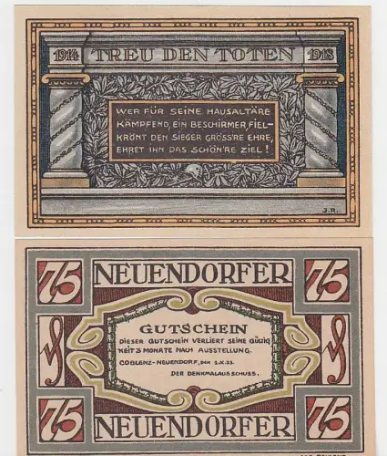 2 Banknoten Notgeld Coblenz Neuendorf Dnkmalausschuß 1921