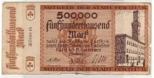 500000 Mark Banknote Stadt Fürth in B. 15.08.1923