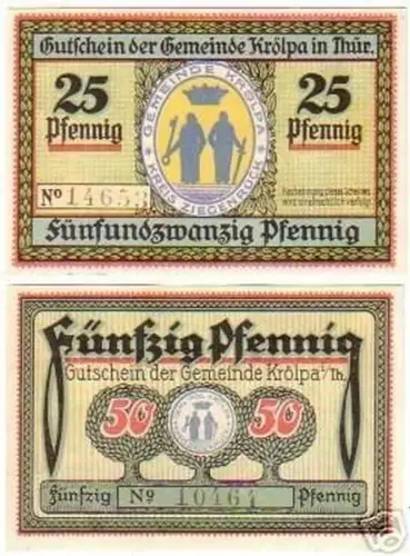 2 Banknoten Notgeld der Stadt Krölpa 1921