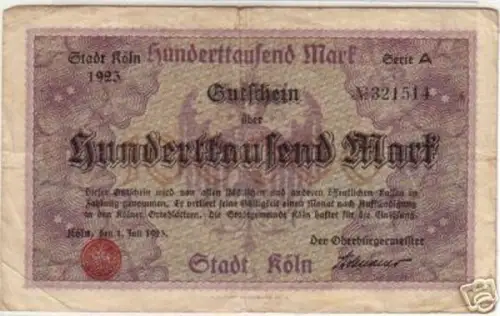 Banknote Inflation 100000 Mark Stadt Köln 1923