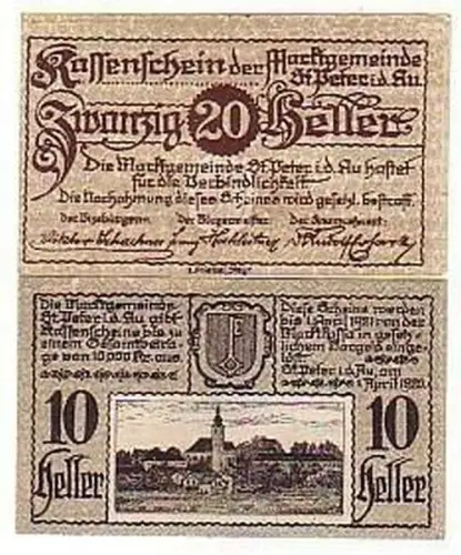 2 Banknoten Notgeld Gemeinde St. Peter 1920