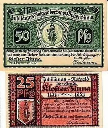 2 Banknoten Notgeld Stadt Kloster Zinna 1920
