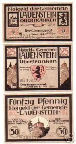 3 Banknoten Notgeld der Gemeinde Lauenstein um 1920