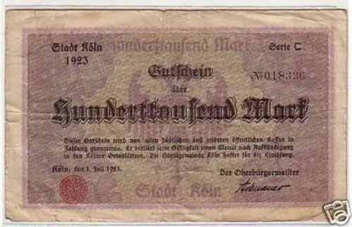 Banknote 100000 Mark Inflation Stadt Köln 1923