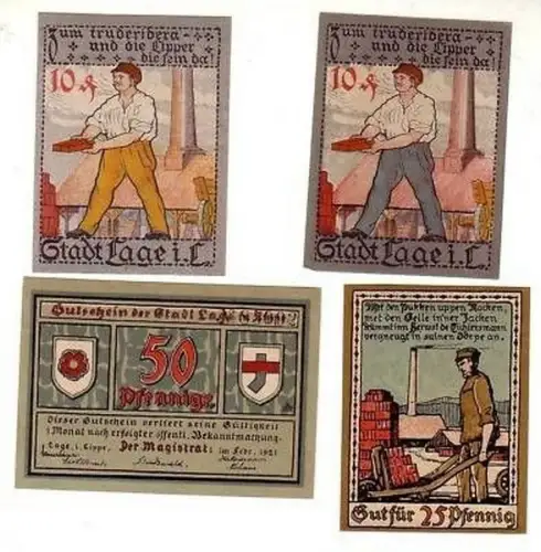 4 Banknoten Notgeld Stadt Laage in Lippe 1921