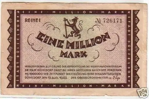 Banknote Inflation 1 Million Mark Stadt Düsseldorf 1923