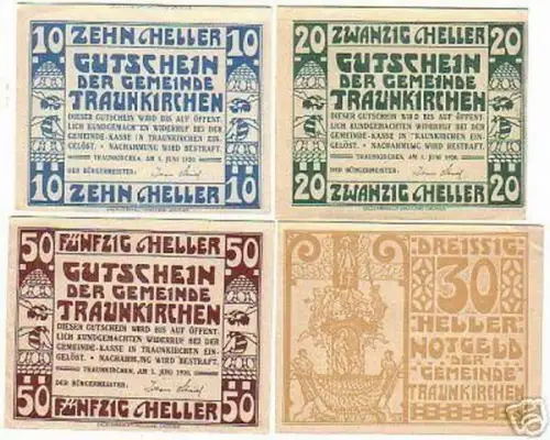 4 Banknoten Notgeld Gemeinde Traunkirchen 1920