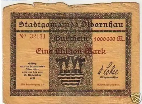 Inflation Banknote 1 Million Mark Olbernhau 1923
