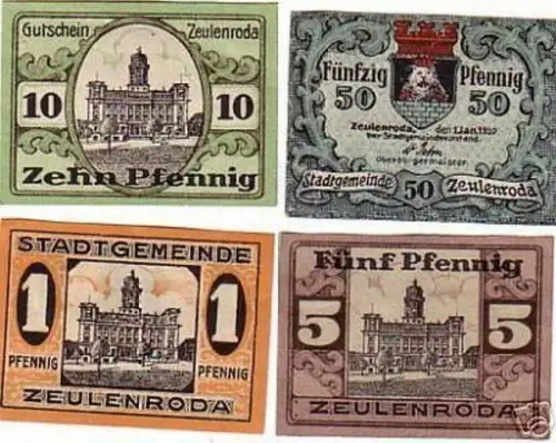 4 Banknoten Notgeld Stadtgemeinde Zeulenroda 1920