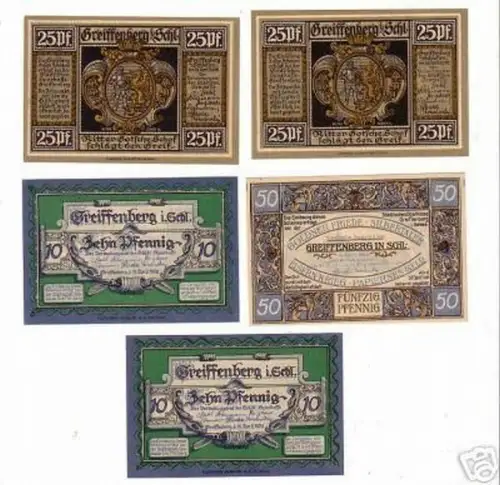5 Banknoten Notgeld Stadt Greiffenberg i.Schlesien 1920