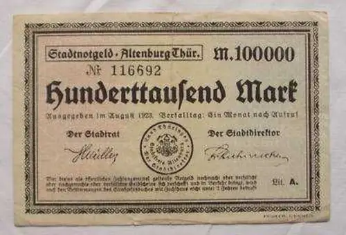 100000 Mark Banknote Inflation Stadt Altenburg 1923