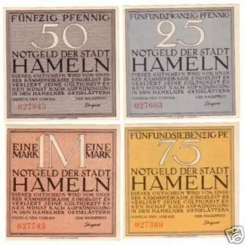 4 Banknoten Notgeld Stadt Hameln 1921