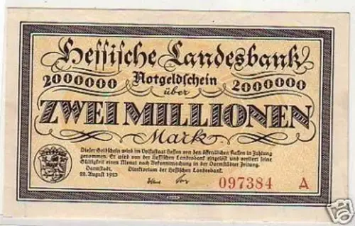2 Millionen Mark Banknote Inflation Darmstadt 22.8.1923