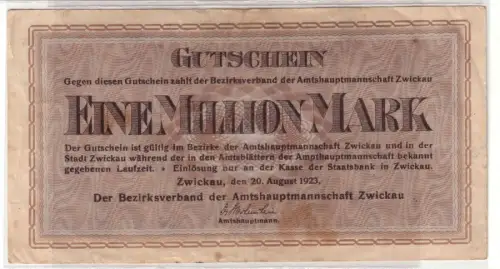 1 Million Mark Banknote Amtshauptmannschaft Zwickau 20. August 1923