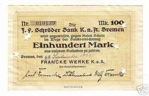 seltene Banknote 100 Mark Francke Werke Bremen 1922