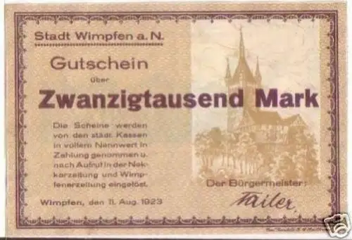 Banknote 20000 Mark Inflation Stadt Wimpfen 1923