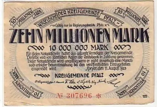 Banknote Inflation 10 Millionen Mark Speyer 1923