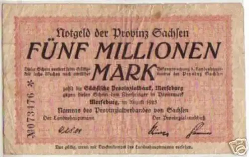 Banknote 5 Millionen Mark Inflation Merseburg 1923