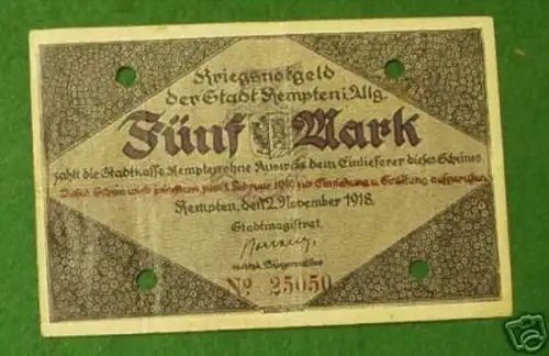 Banknote Kriegsnotgeld der Stadt Kempten im Allg. 1918