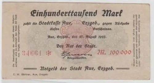 Banknote Inflatione 100000 Mark Stadtkasse Aue 1923