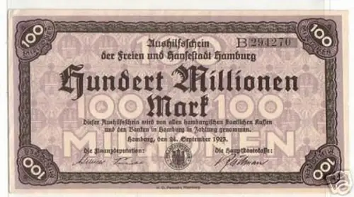 Banknote Inflation 100Millionen Stadt Hamburg 1923