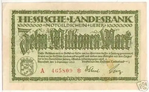 Banknote Inflation 10 Millionen Darmstadt 01.09.1923
