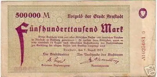 seltene Banknote Inflation 500000 Mark Stadt Arnstadt