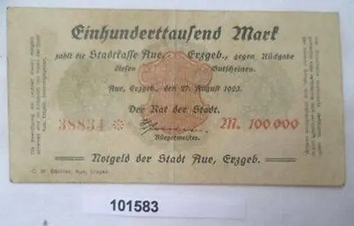 Banknote Inflation Stadtkasse Aue 100000 Mark 1923