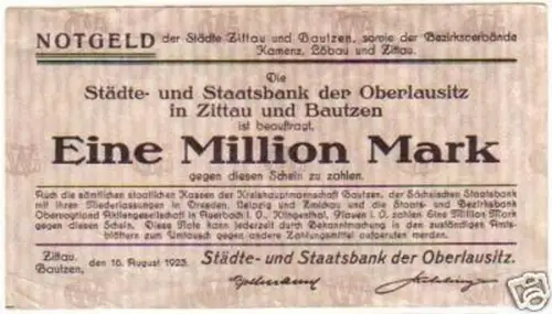 Banknote Inflation 1 Million Mark Zittau Bautzen 1923