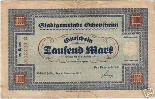 seltene Banknote Inflation 1000 Mark Stadt Schopfheim