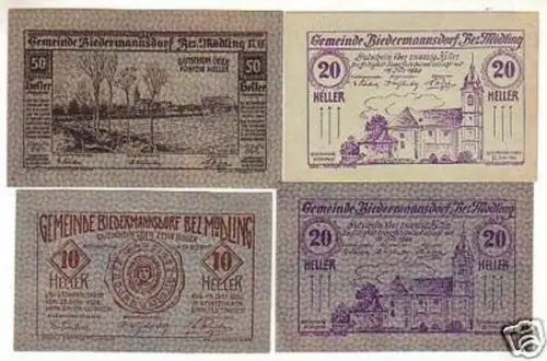 4 Banknoten Notgeld Gemeinde Biedermannsdorf 1920