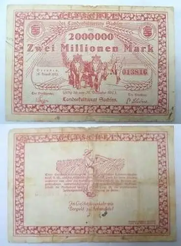 Banknote Inflation 2 Millionen Mark Landeskulturrat Sachsen Dresden 1923