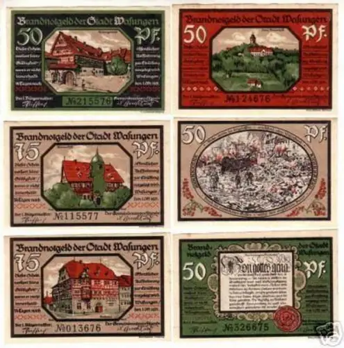 6 Banknoten Notgeld Stadt Wasungen 1921