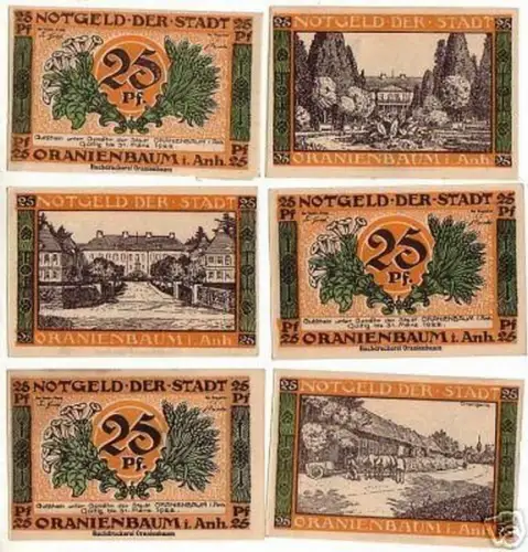 6 Banknoten Notgeld der Stadt Oranienbaum 1922