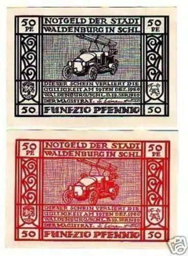 2 Banknoten Notgeld Stadt Waldenburg in Schlesien 1920