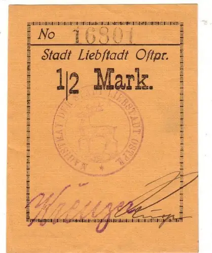 1/2 Mark Banknote Notgeld Stadt Liebstadt (Wilczkowo) Ostpreussen um 1918