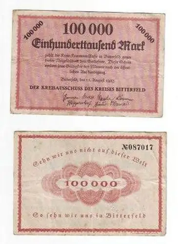Banknote Inflation 100000 Mark Bitterfeld 1923