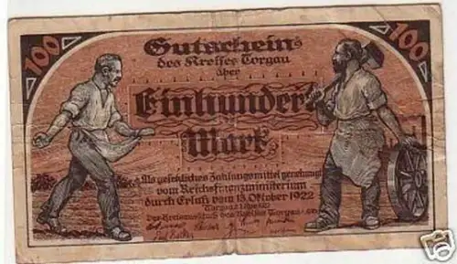 Banknote 100 Mark Inflation Kreis Torgau 1922