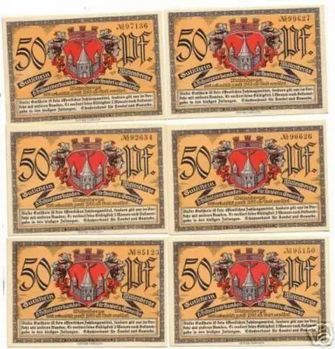 6 Banknoten Notgeld der Stadt Wittenberge um 1920
