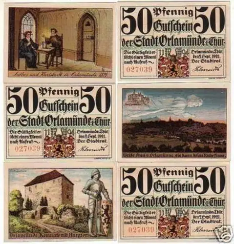 6 Banknoten Notgeld der Stadt Orlamünde 1921