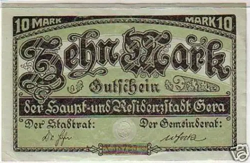 Banknote 10 Mark Großnotgeld Stadt Gera 1919