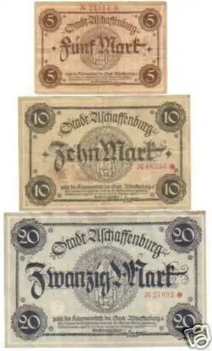 3 Banknoten Großnotgeld Stadt Aschaffenburg um 1918